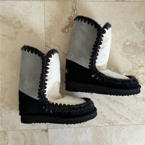 #mou Shearling Patchwork Over the ankle bootie